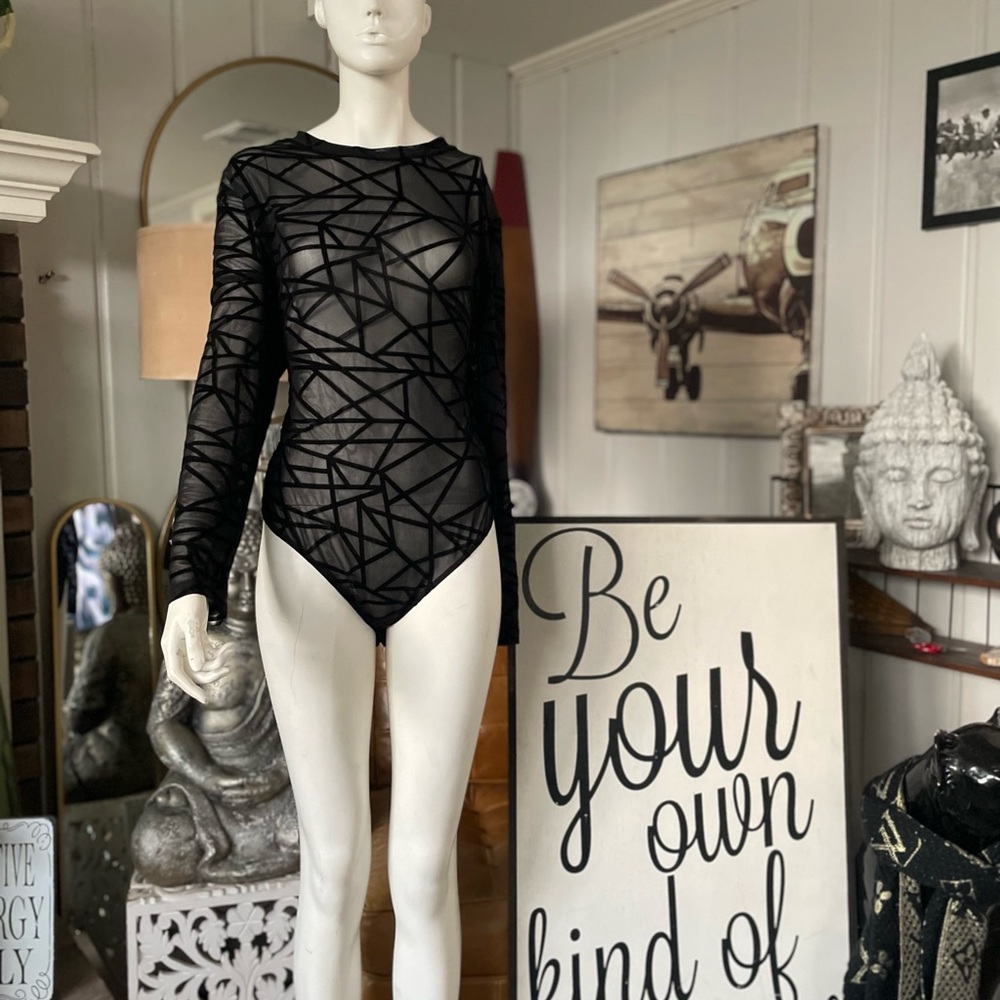 Black Geometric Mesh Bodysuit